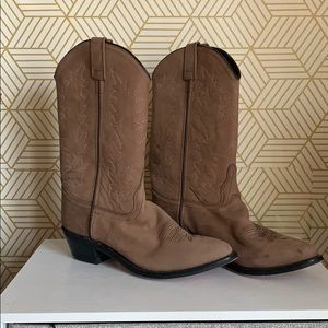 Brown cowgirl boots with pink embroidery